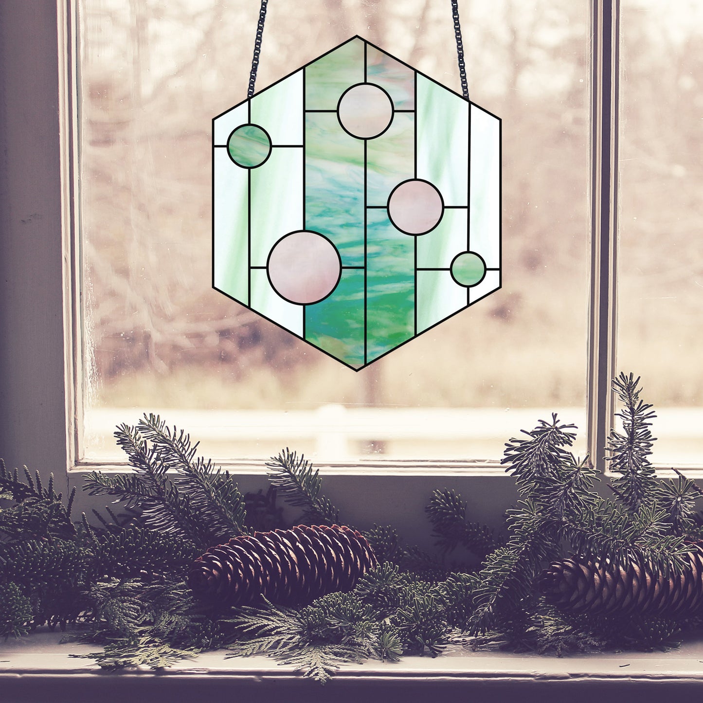 Hexagon geometric stained glass pattern, instant pdf download, shown in window with pine cones