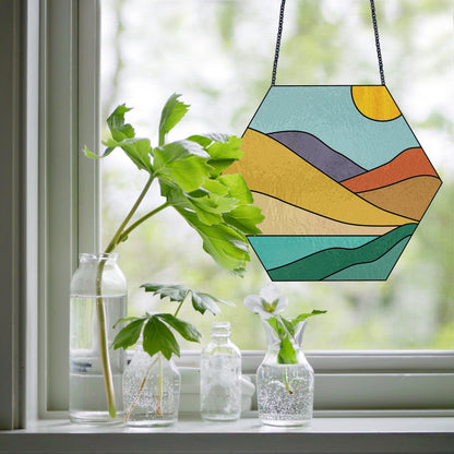 A picture of the Boho Landscape Hexagon Stained Glass Pattern from GlassyRock Arts. 