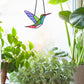 hummingbird stained glass pattern, instant pdf, shown in window with plants