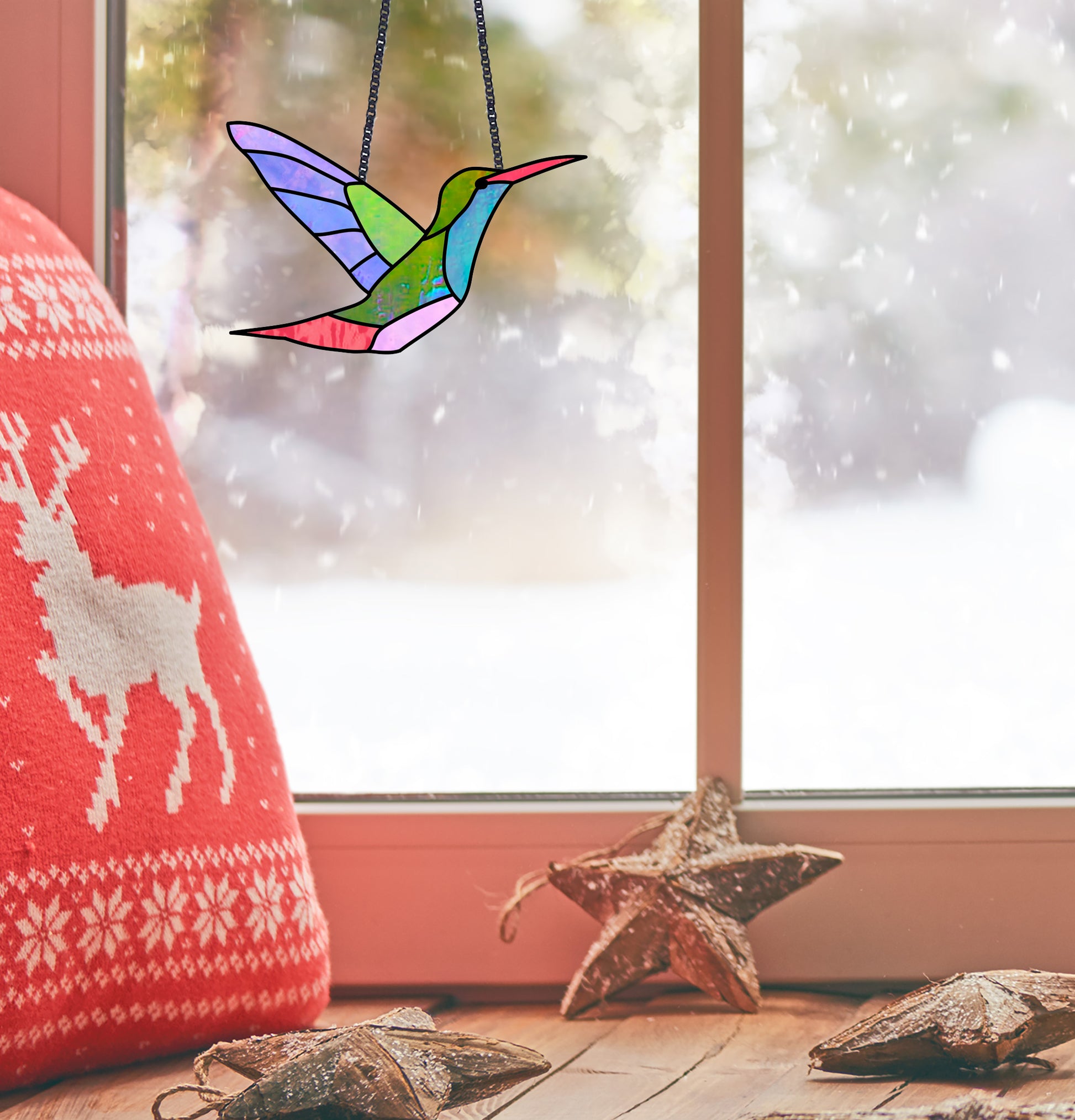 hummingbird stained glass pattern, instant pdf, shown in window with christmas decorations