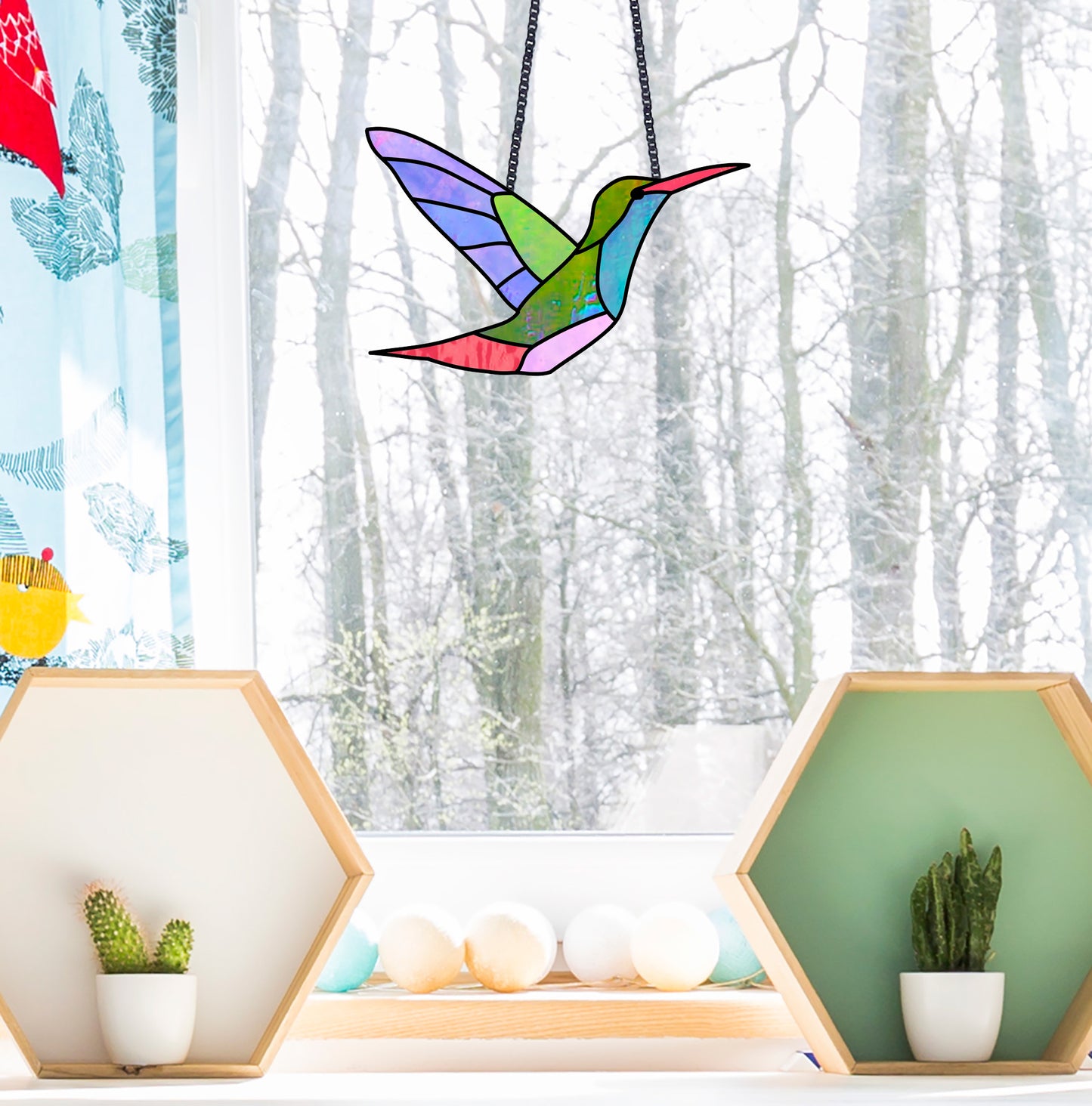 hummingbird stained glass pattern, instant pdf, shown in window with snowy background