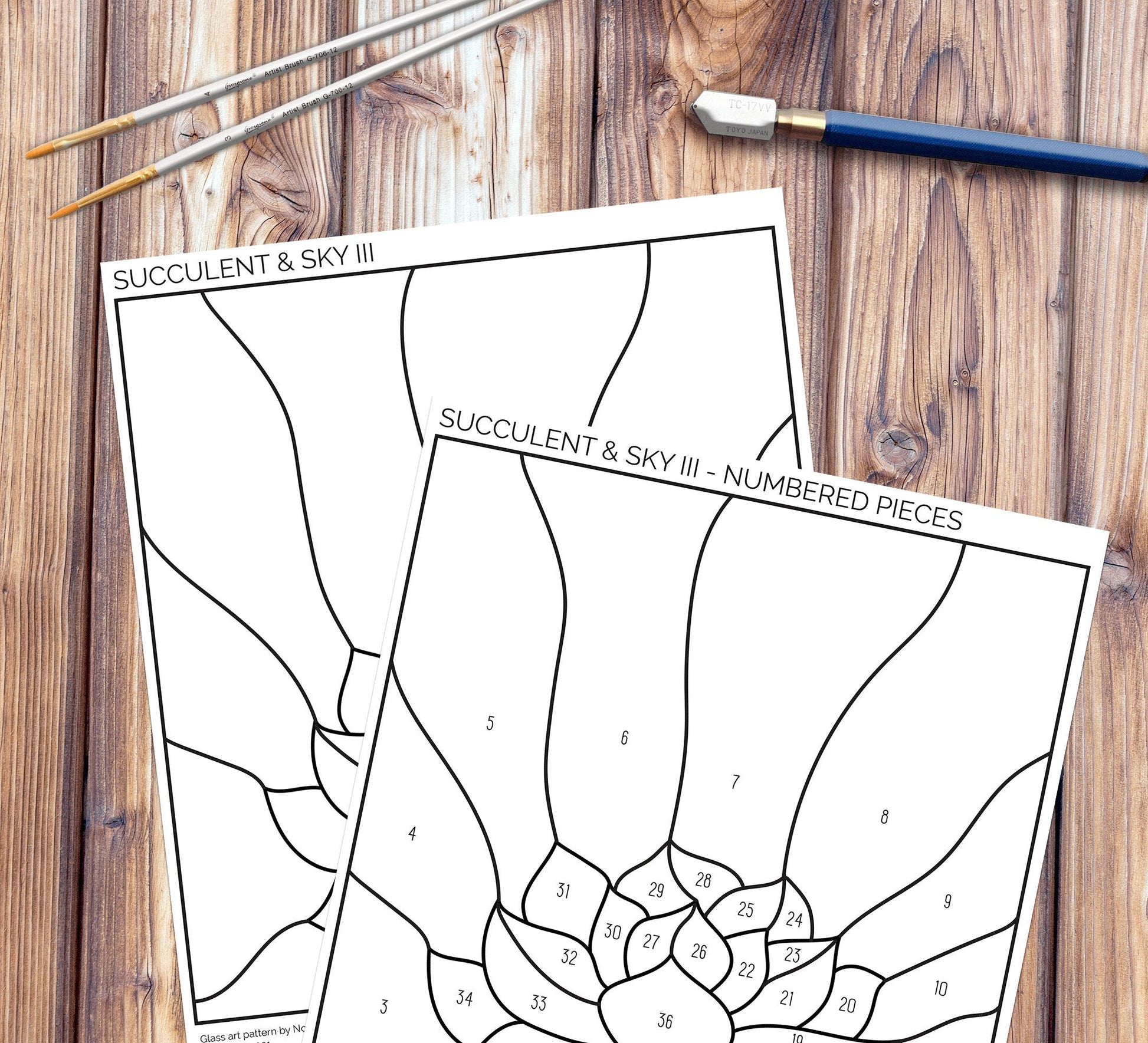 Sample of the clean and numbered stained glass patterns included with purchase of this succulent plant panel stained glass pattern download