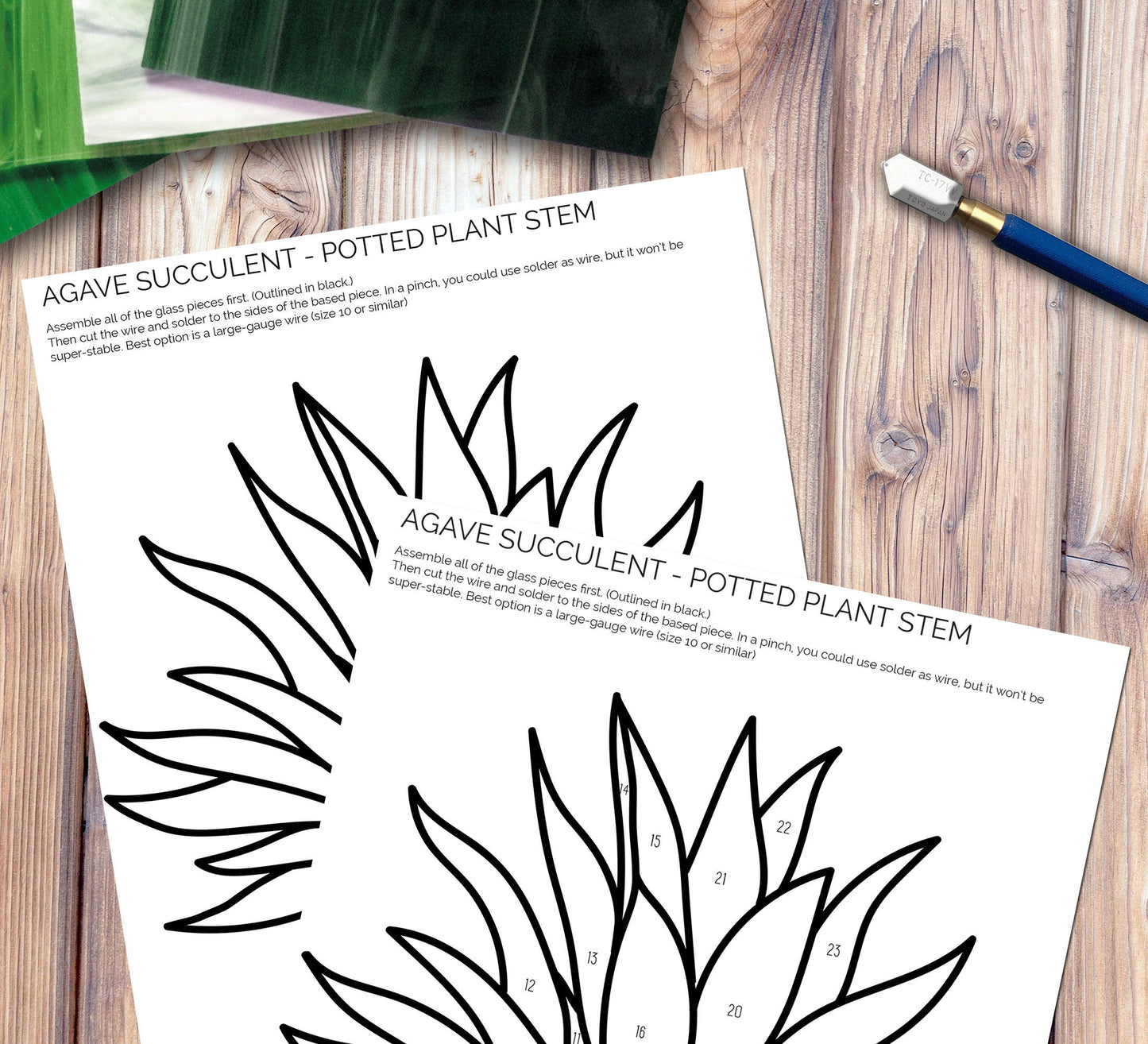 Sample of the clean and numbered stained glass patterns included with purchase of the agave plant stem download