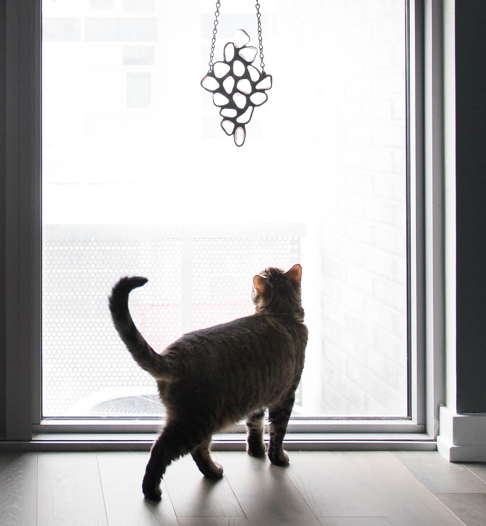 Handmade artwork, tumbled clear quartz crystal stained glass, Tiffany method, diamond shape, hanging in a window with a cat