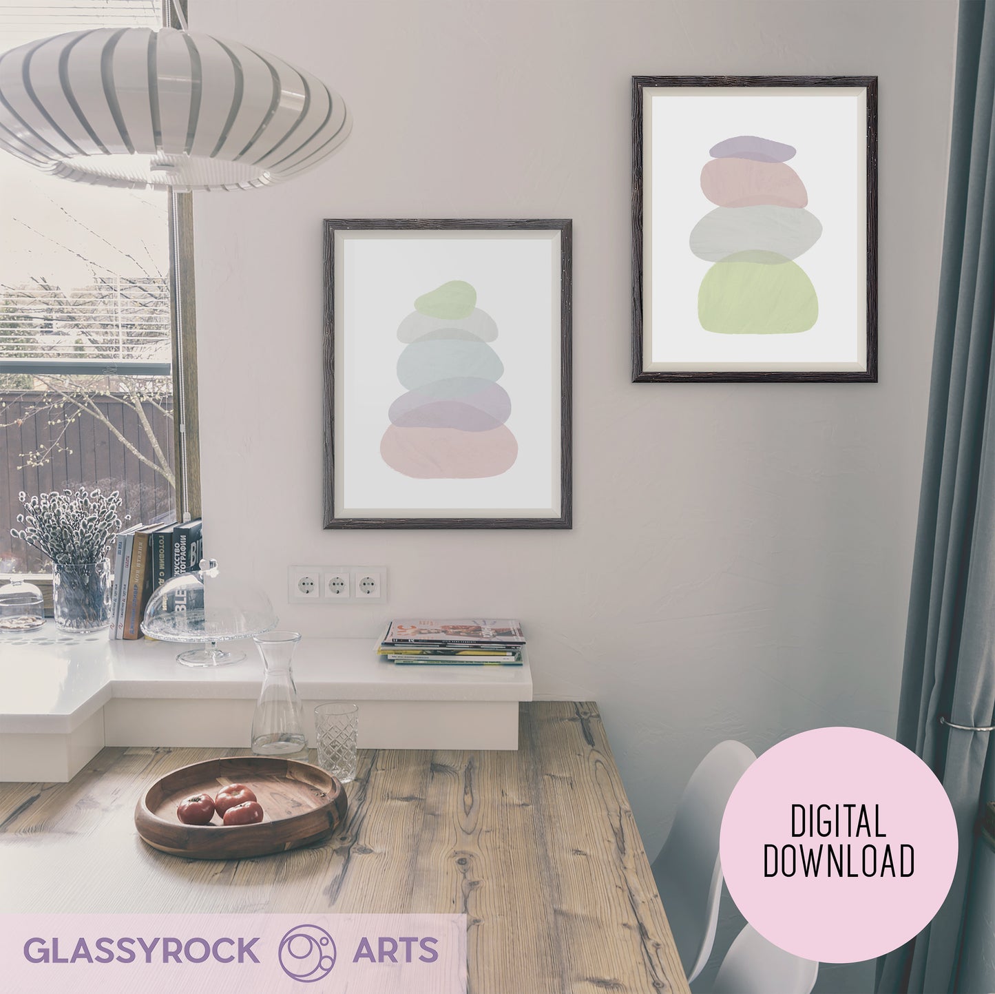 Set of 2, Pastel Painted Boho Stone Shapes - Digital Printable Art (PDF Download)