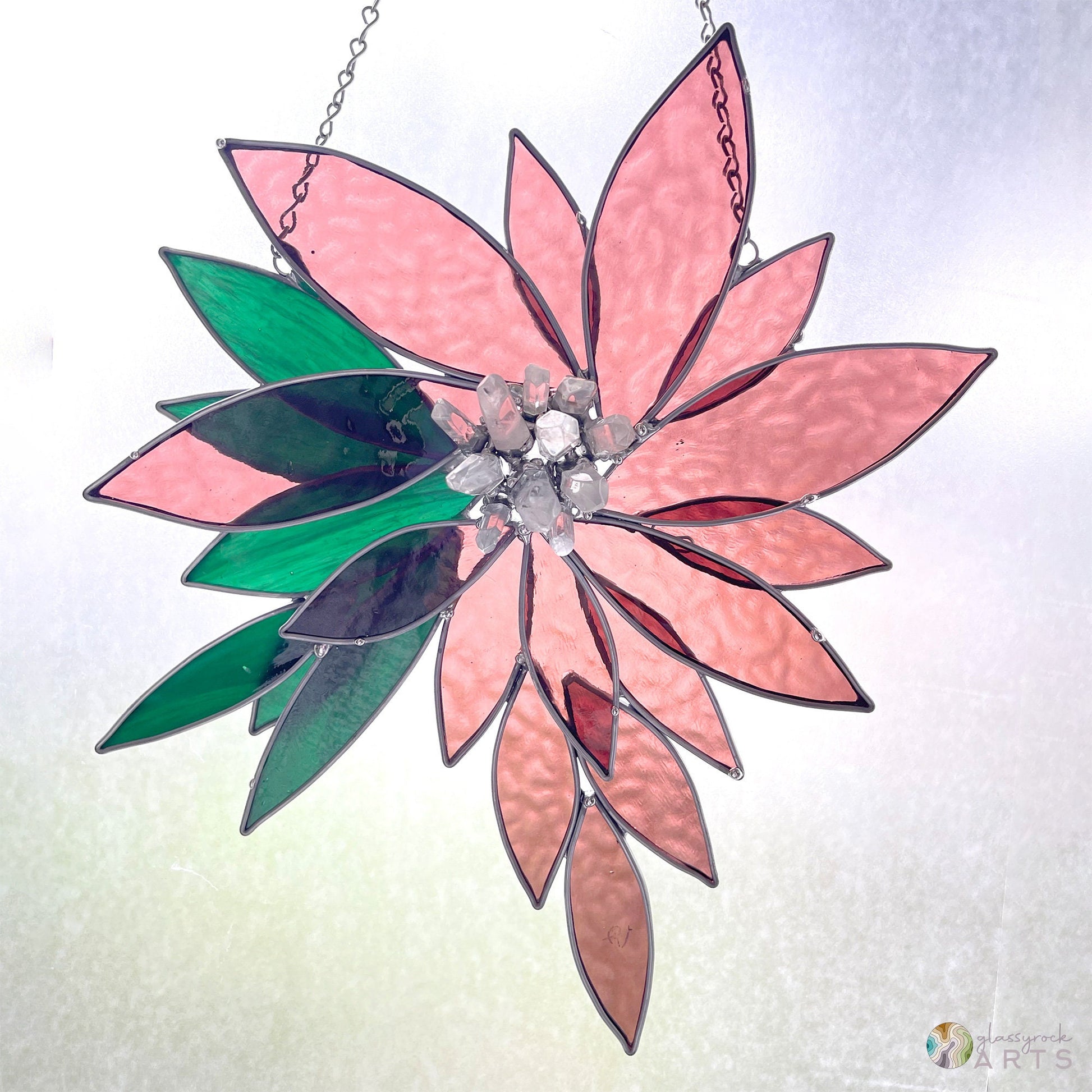 Stained Glass Flower & Crystal Suncatcher, poinsettia gift, crystal decor, gift for flower lover, christmas stained glass free shipping