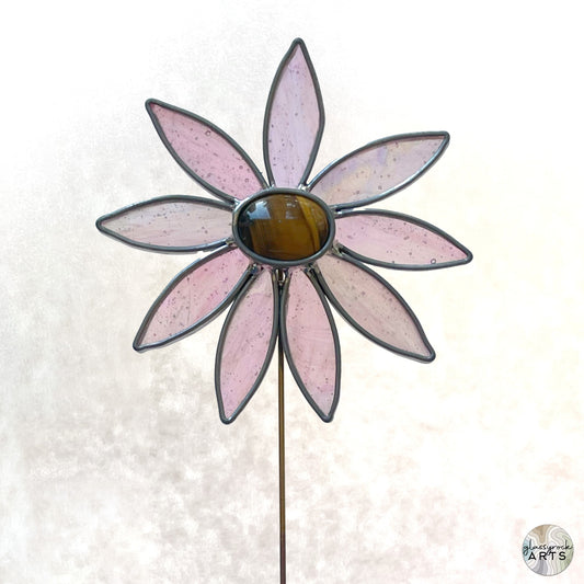 Handmade Stained Glass Flower Plant Stake with Tiger's Eye, gift with free shipping, floral decor gift, plant lover stain glass gift