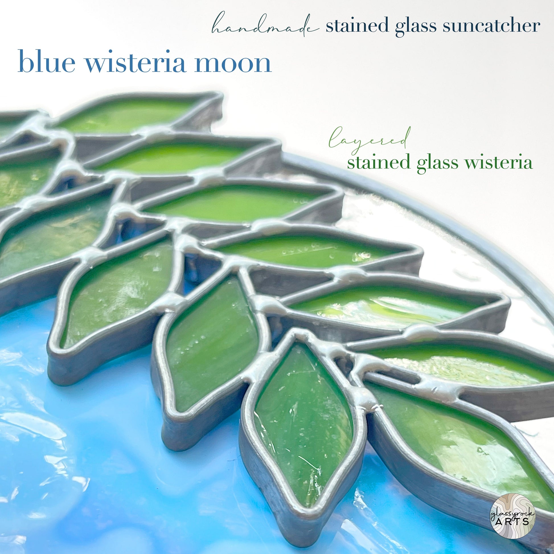Handmade Full Moon Wisteria Stained Glass Suncatcher, handmade stained glass gift with free shipping, full moon decor, gift for plant lover