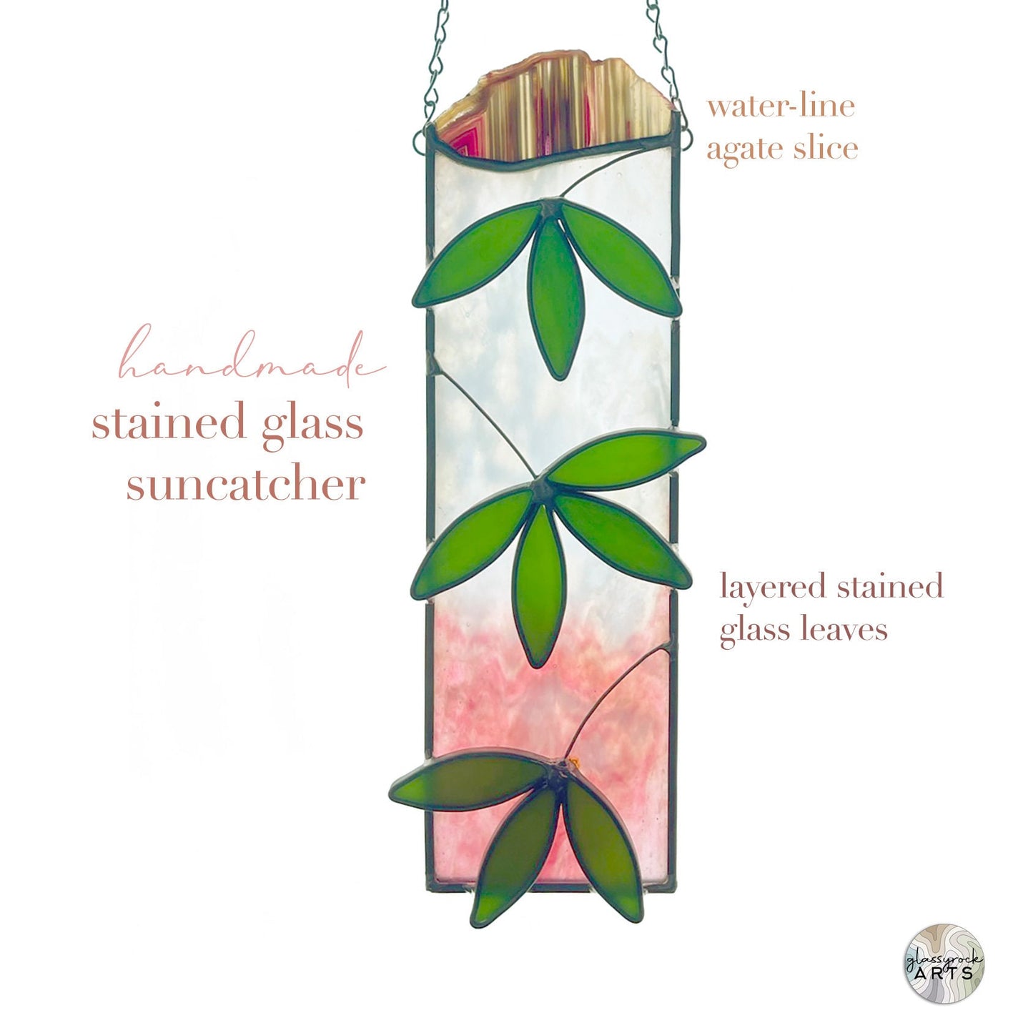 Handmade Agate Tropical Stained Glass Plant Suncatcher, handmade stained glass gift with free shipping, agate decor, gift for plant lover