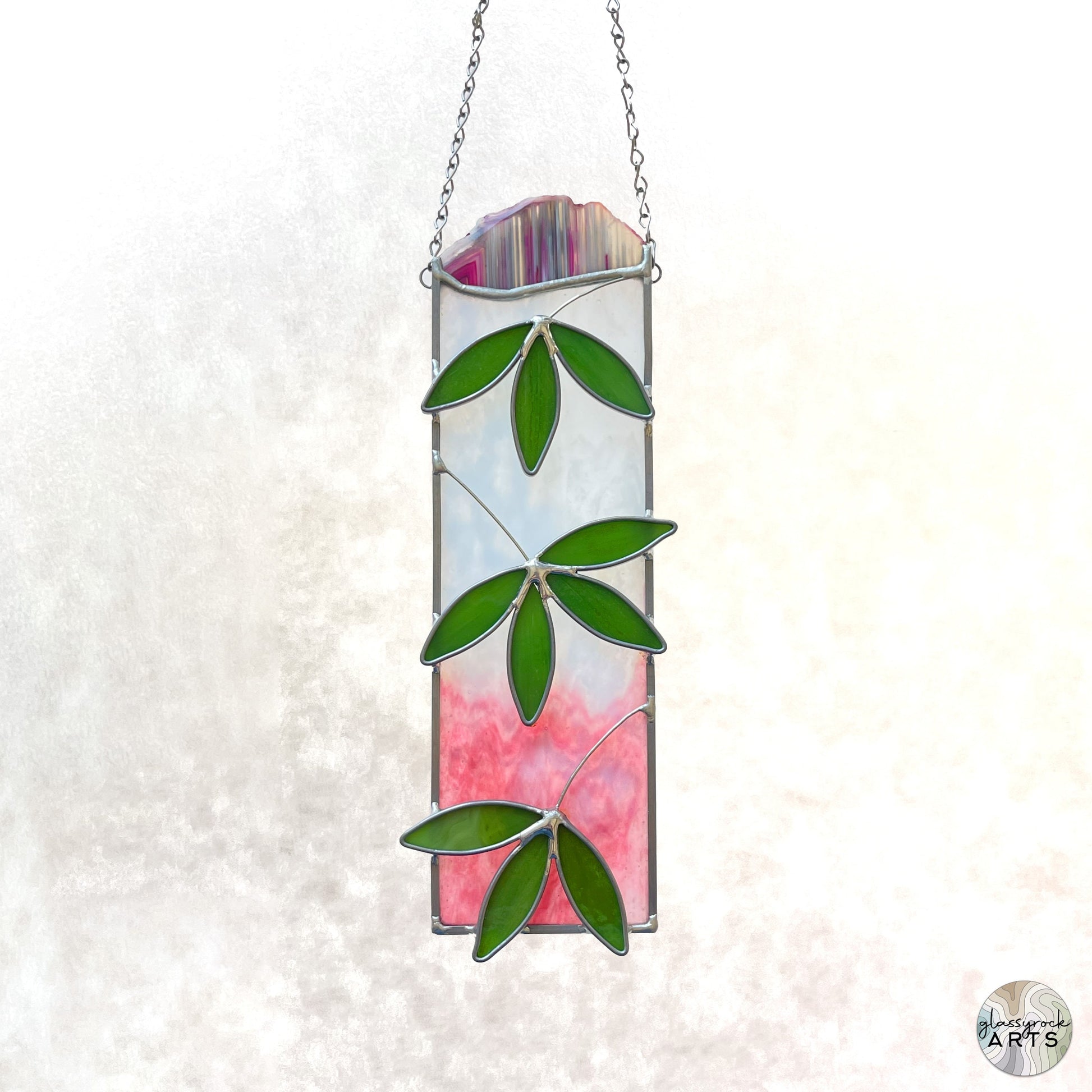Handmade Agate Tropical Stained Glass Plant Suncatcher, handmade stained glass gift with free shipping, agate decor, gift for plant lover