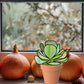 Original stained glass pattern for a kalanchoe "paddle plant" succulent plant stem agave, instant PDF download, shown on windowsill with pumpkins