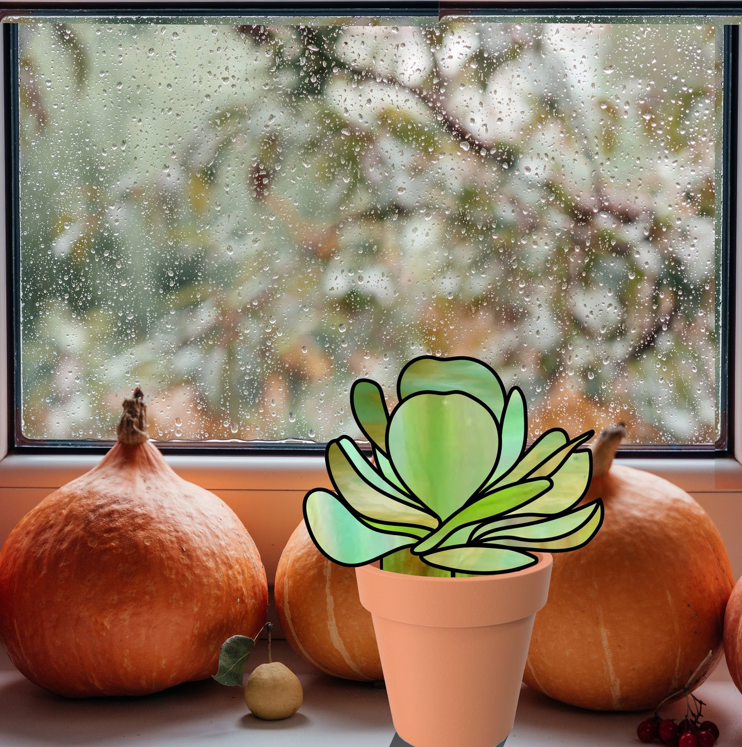 Original stained glass pattern for a kalanchoe "paddle plant" succulent plant stem agave, instant PDF download, shown on windowsill with pumpkins
