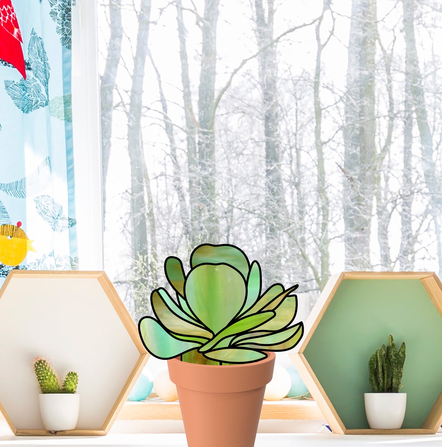 Original stained glass pattern for a kalanchoe "paddle plant" succulent plant stem agave, instant PDF download, shown on windowsill with winter background