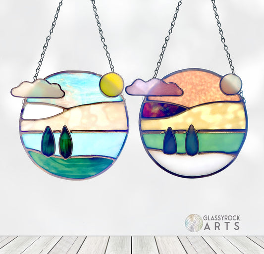 Handmade Stained Glass Round Landscapes - Sun and Moon - More colors available