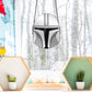The Mandalorian Star Wars helmet stained glass pattern, instant pdf download, shown in window with winter background
