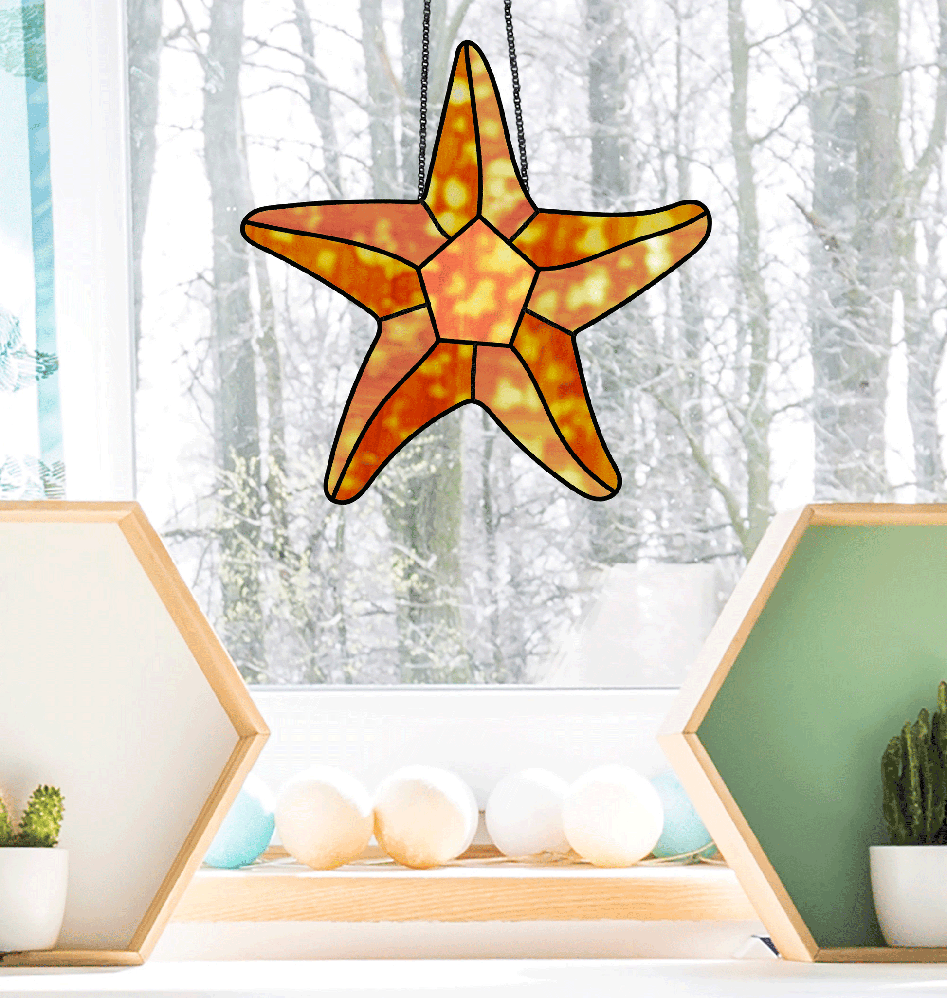 Starfish or seastar stained glass pattern, instant pdf download, shown in window with winter background