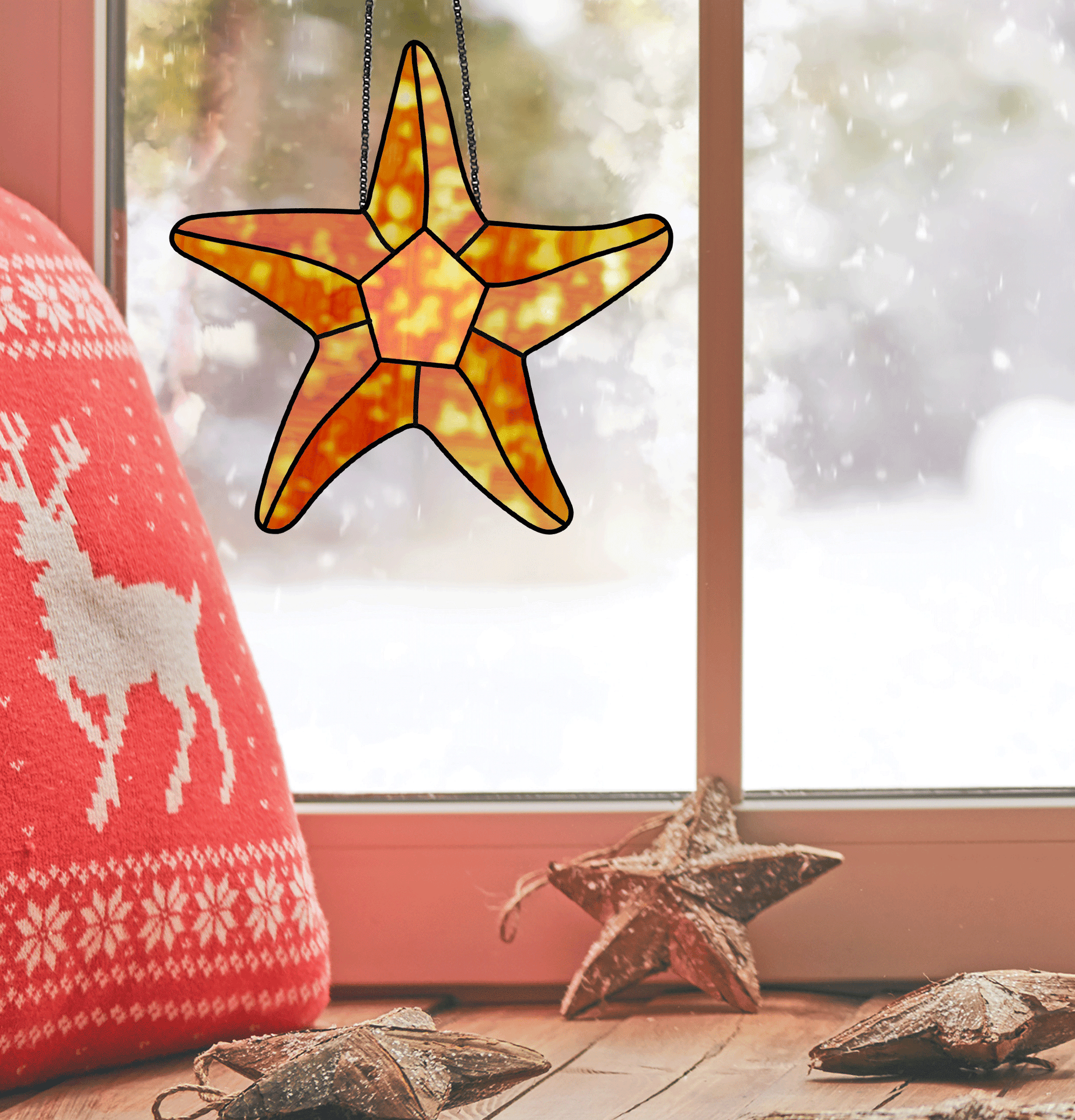 Starfish or seastar stained glass pattern, instant pdf download, shown in window with christmas decorations