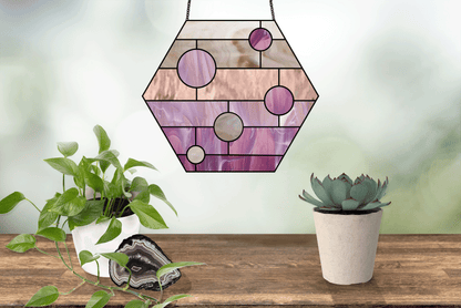 Ombre hexagon boho stained glass design, instant PDF download, shown in a window with plants