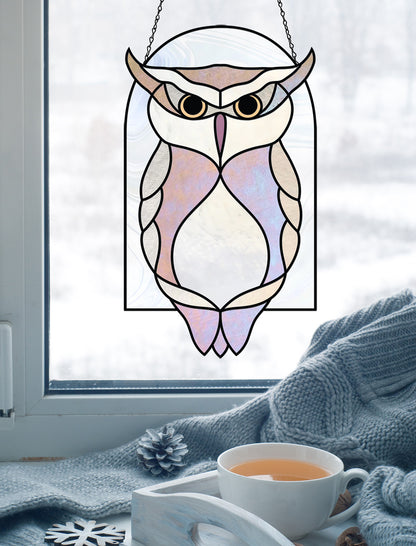 A picture of the Horned Owl Stained Glass Pattern - Boho Arch Pattern from GlassyRock Arts. 