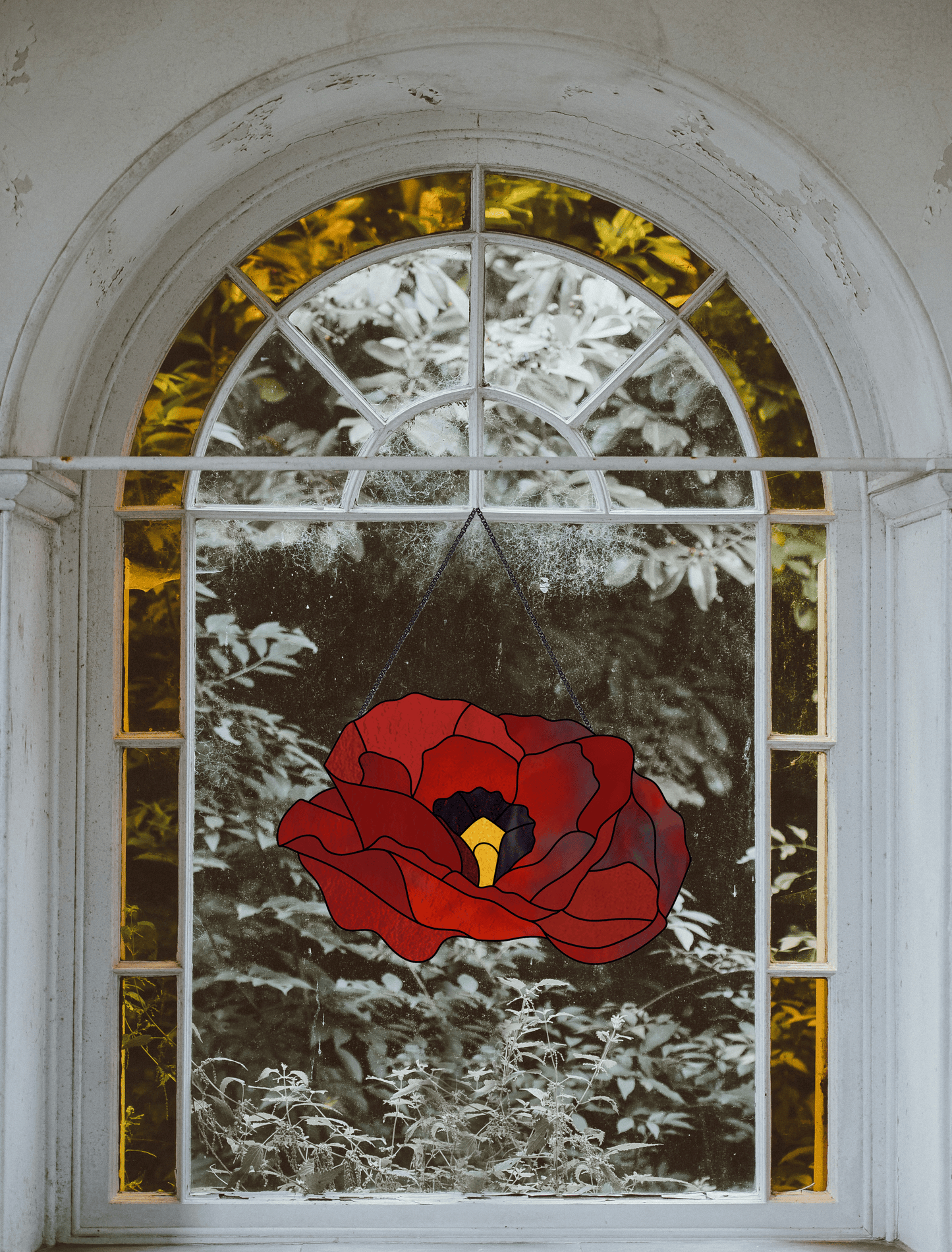 red poppy stained glass pattern, instant pdf download, shown hanging in an arched window