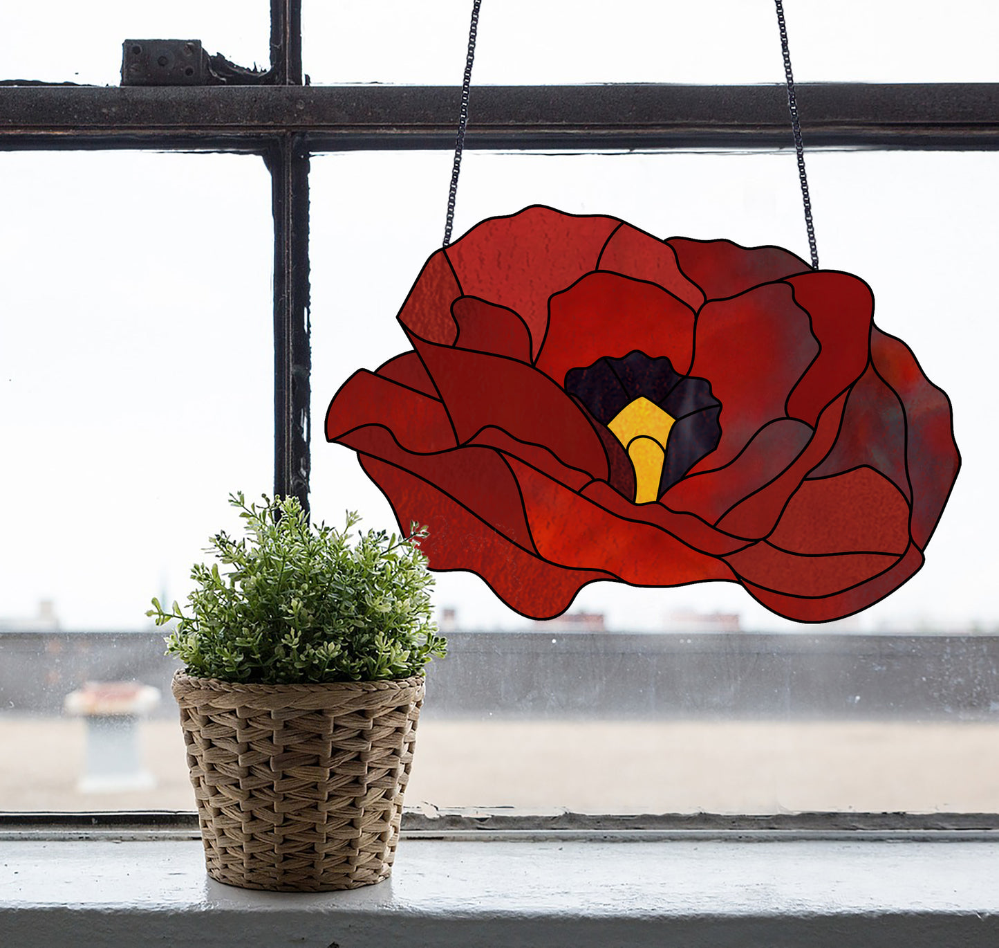 red poppy stained glass pattern, instant pdf download, shown hanging in a window 