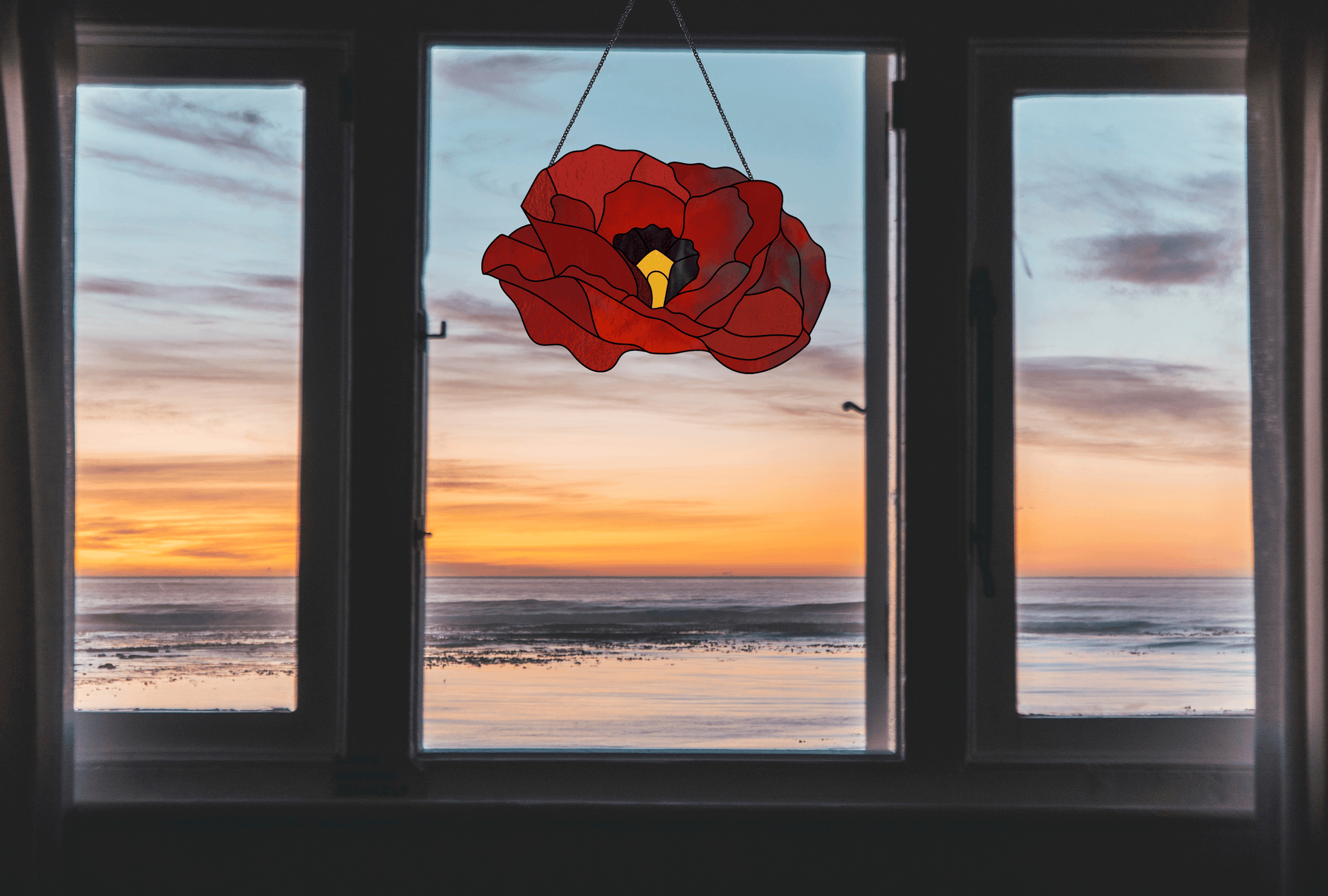 red poppy stained glass pattern, instant pdf download, shown hanging in a window with a sunset