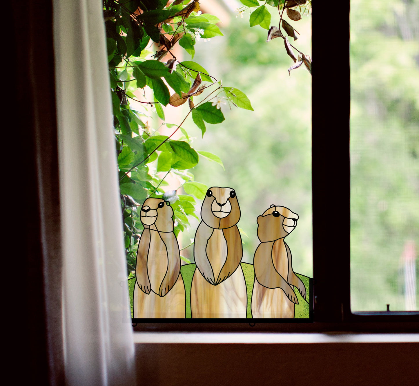 prairie dog stained glass pattern, instant pdf, shown in window with ivy