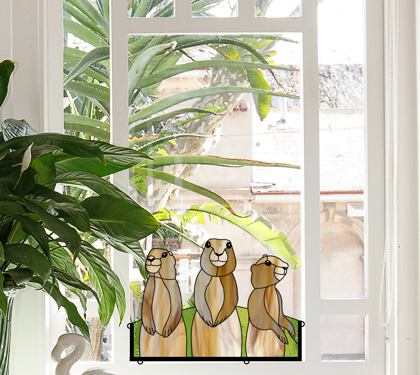 prairie dog stained glass pattern, instant pdf, shown in window with plant