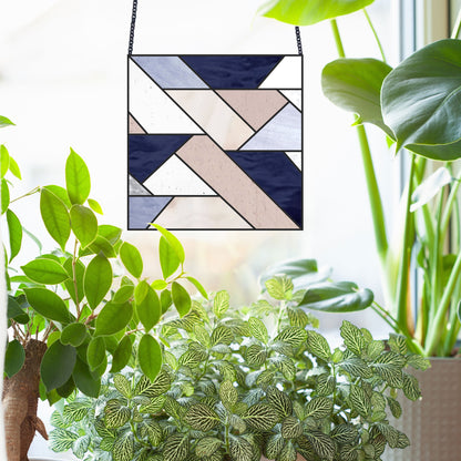 Square Geometric stained glass pattern, instant PDF download, shown in a bright window with plants