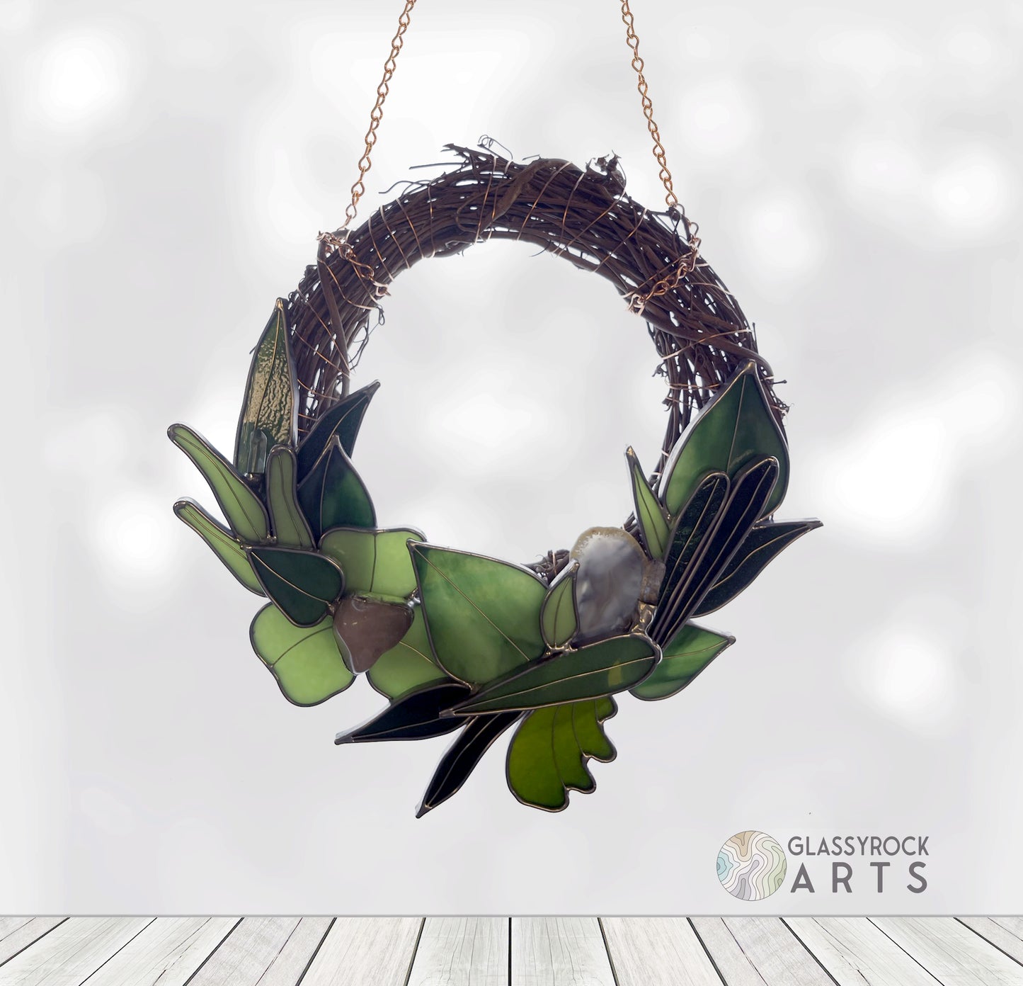Handmade Botanical Stained Glass and Grapevine Wreath