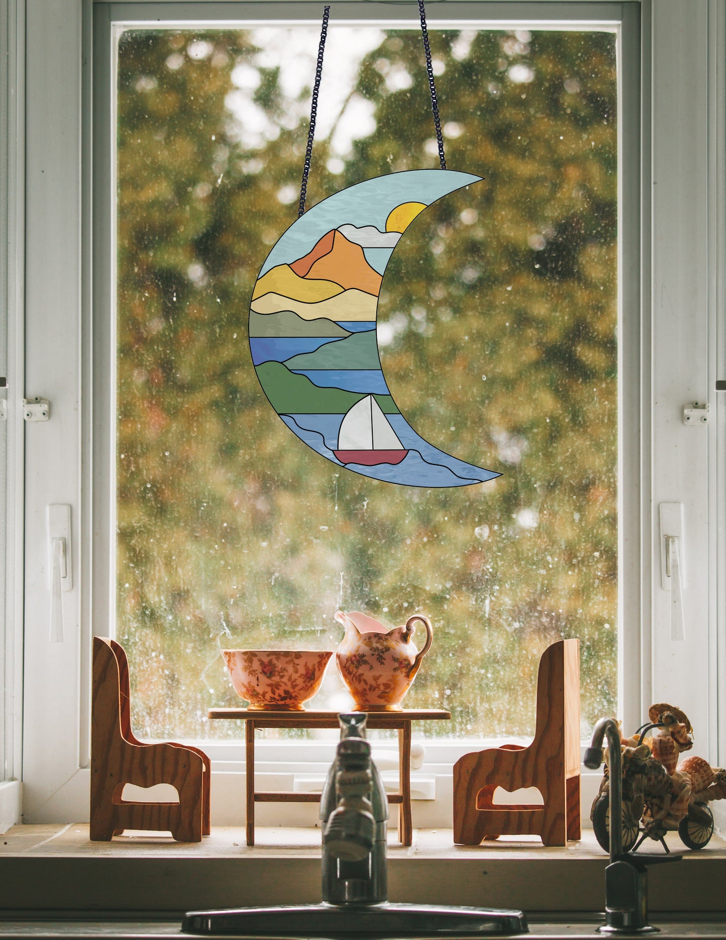 Boho Seascape Stained Glass Crescent Moon Pattern