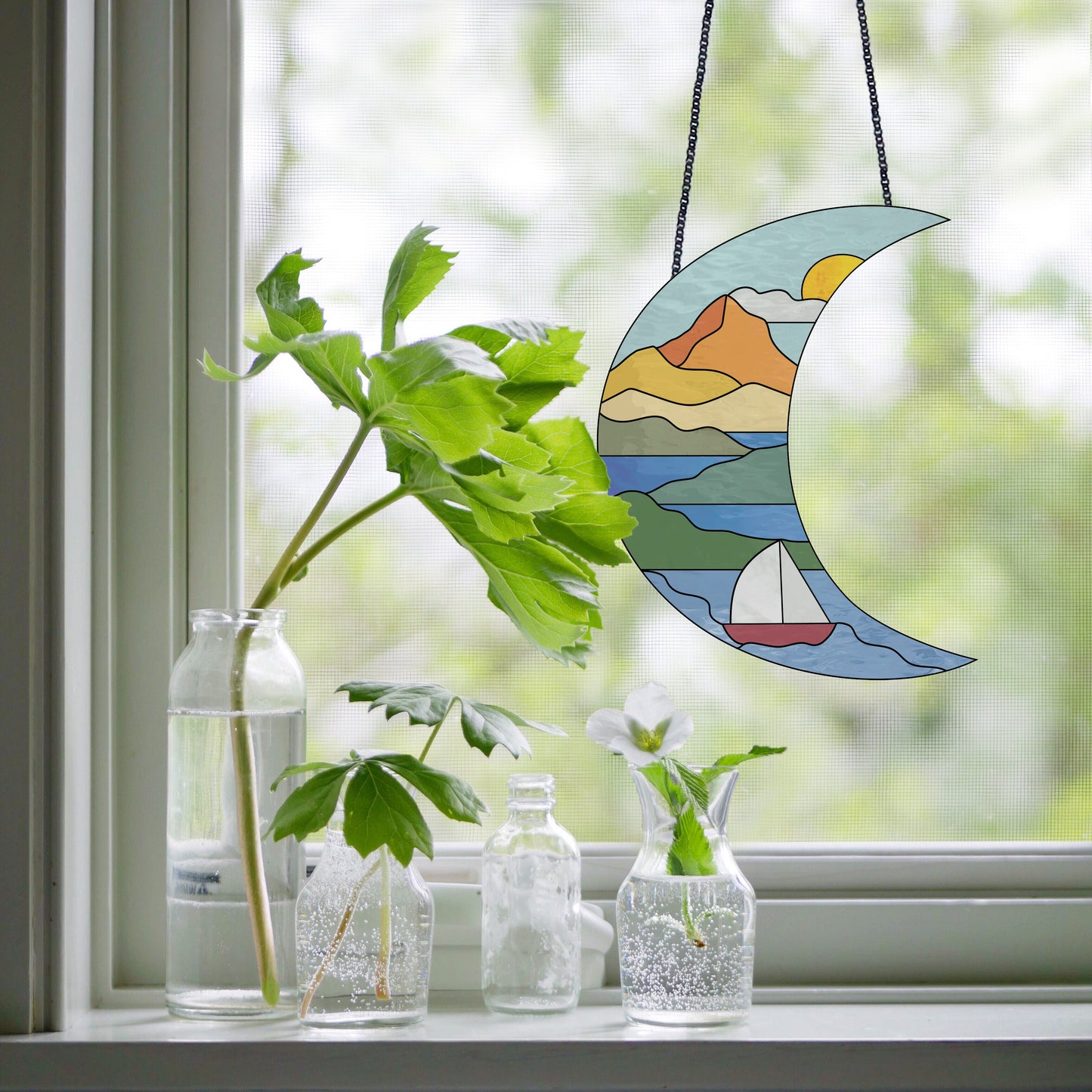 Boho Seascape Stained Glass Crescent Moon Pattern