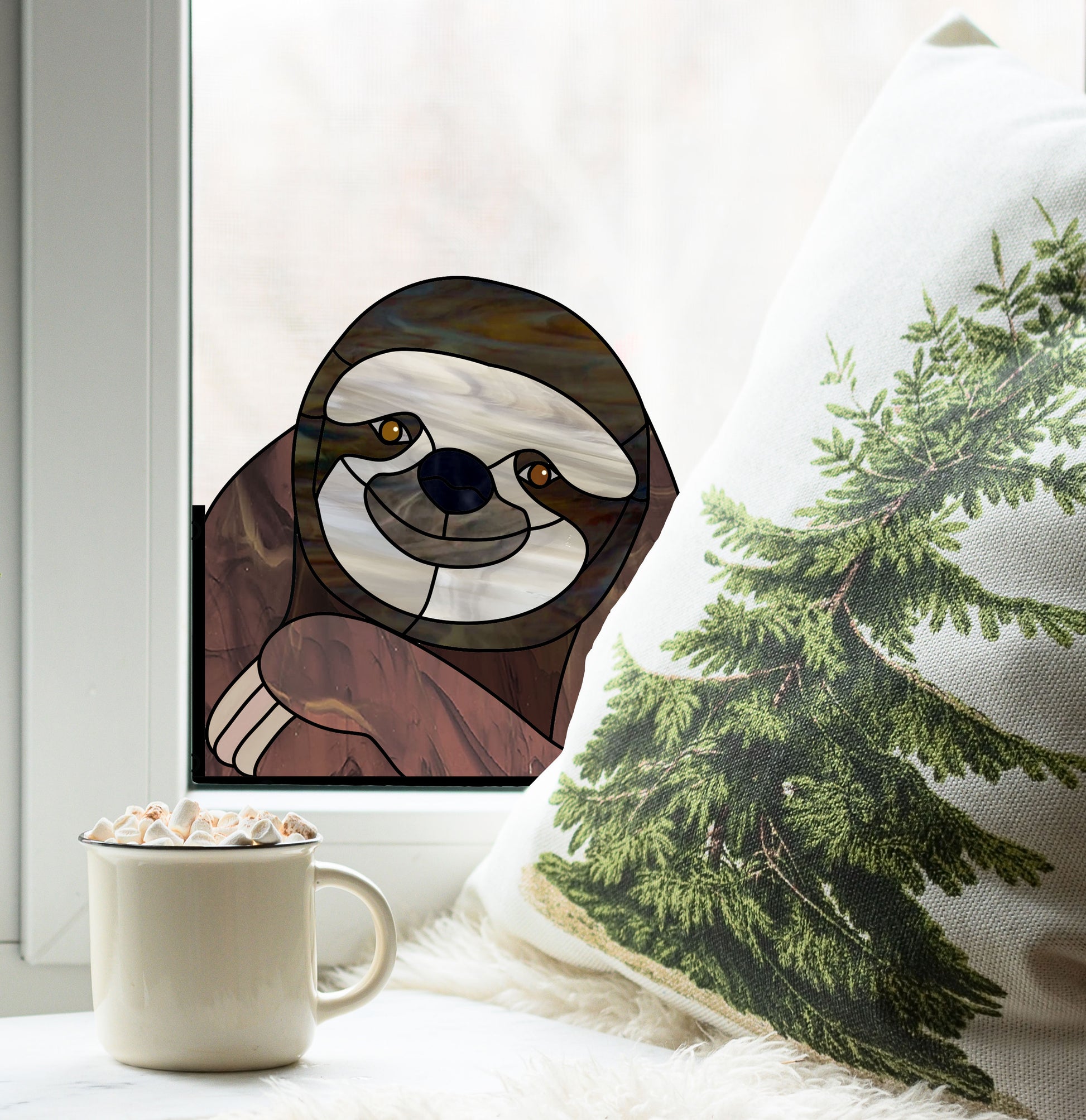 Stained glass pattern for a sloth peeking in the window, instant PDF download, shown in a window with Christmas decor