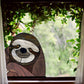 Stained glass pattern for a sloth peeking in the window, instant PDF download, shown in a window with ivy