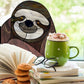 Stained glass pattern for a sloth peeking in the window, instant PDF download, shown in a window with hot chocolate and cookies