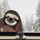Stained glass pattern for a sloth peeking in the window, instant PDF download, shown in a winter window with tea