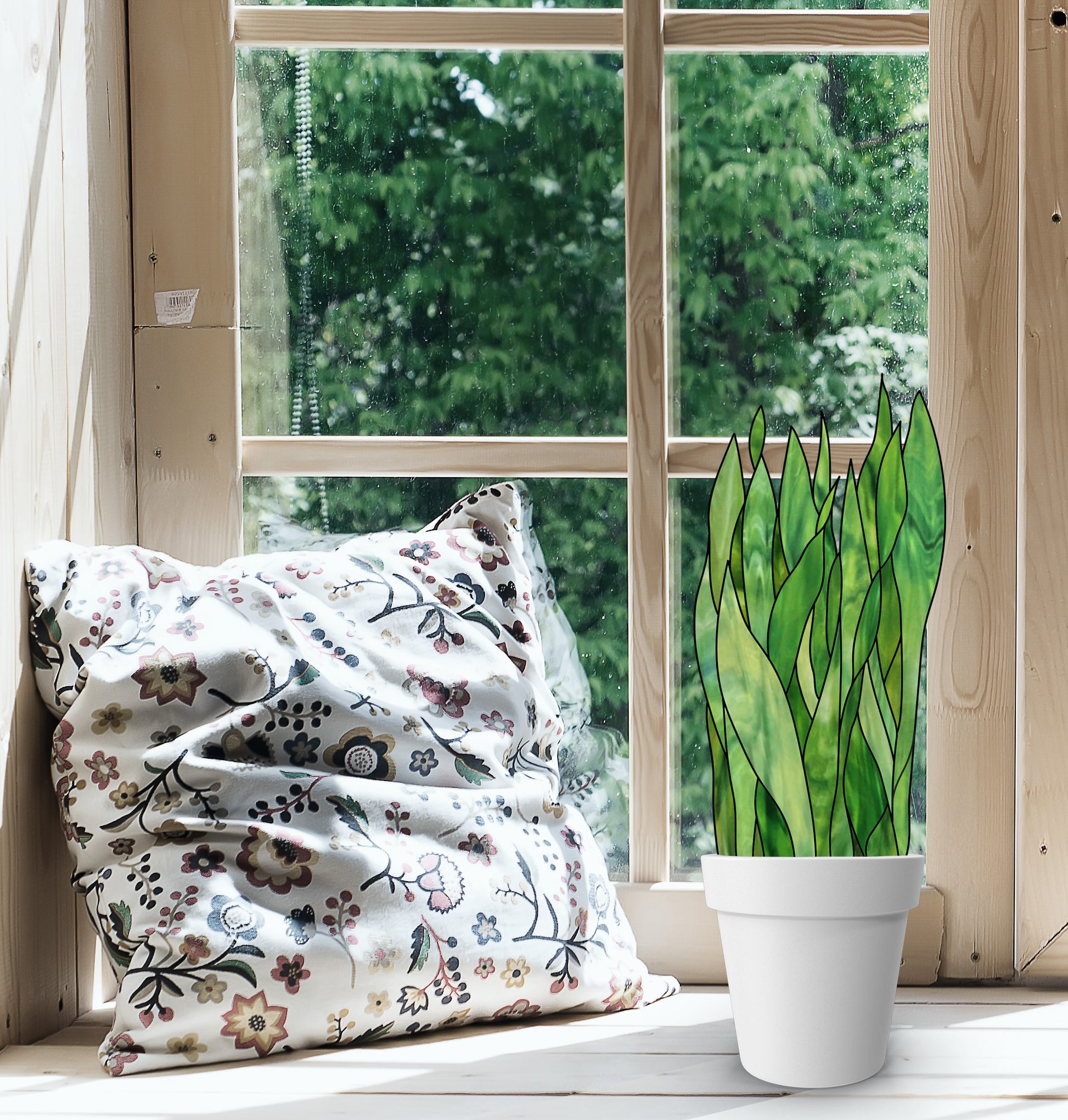 Original stained glass pattern for snake plant plant stem, instant PDF download, in a window with a pillow