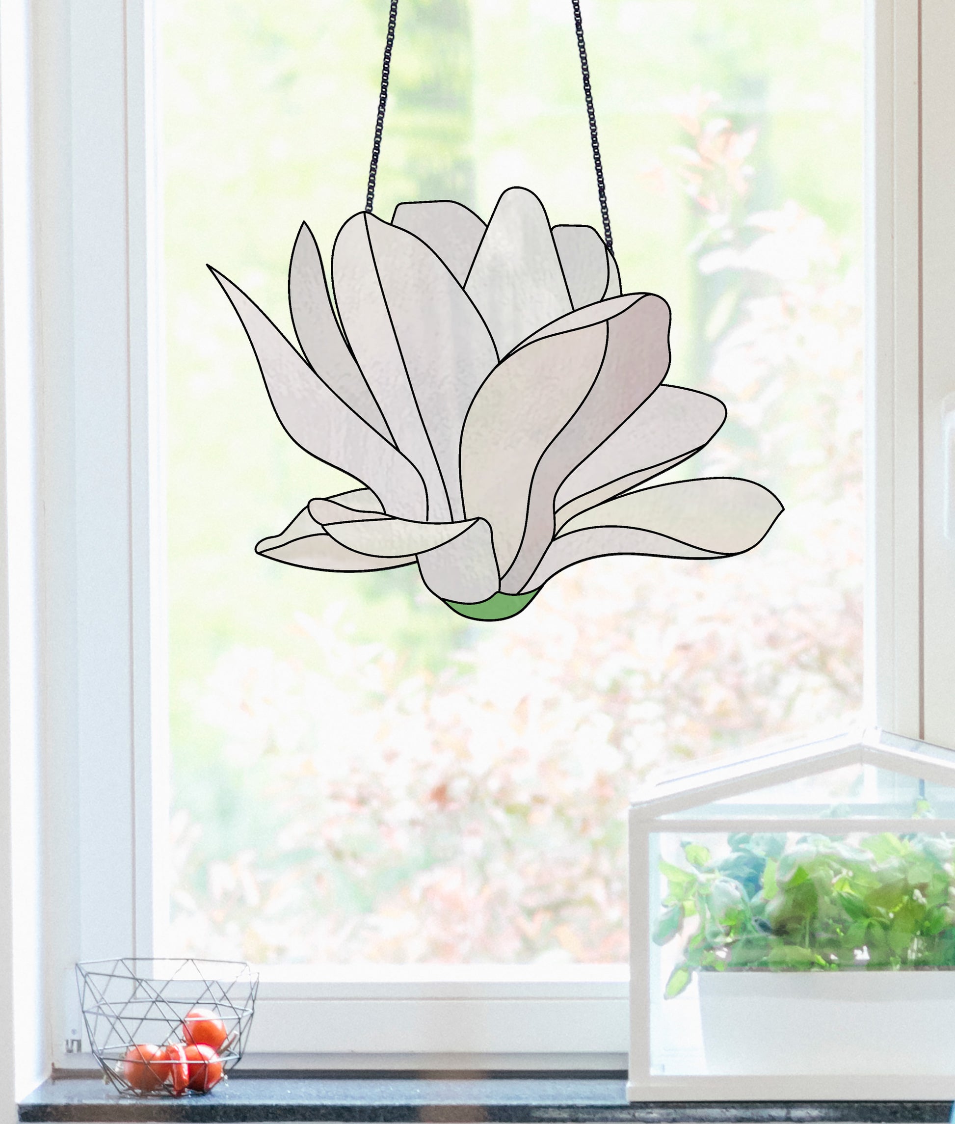 Stained glass pattern for a giant white snowdrop flower, instant PDF download, shown hanging in a kitchen window