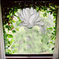 Stained glass pattern for a giant white snowdrop flower, instant PDF download, shown hanging in a window with ivy