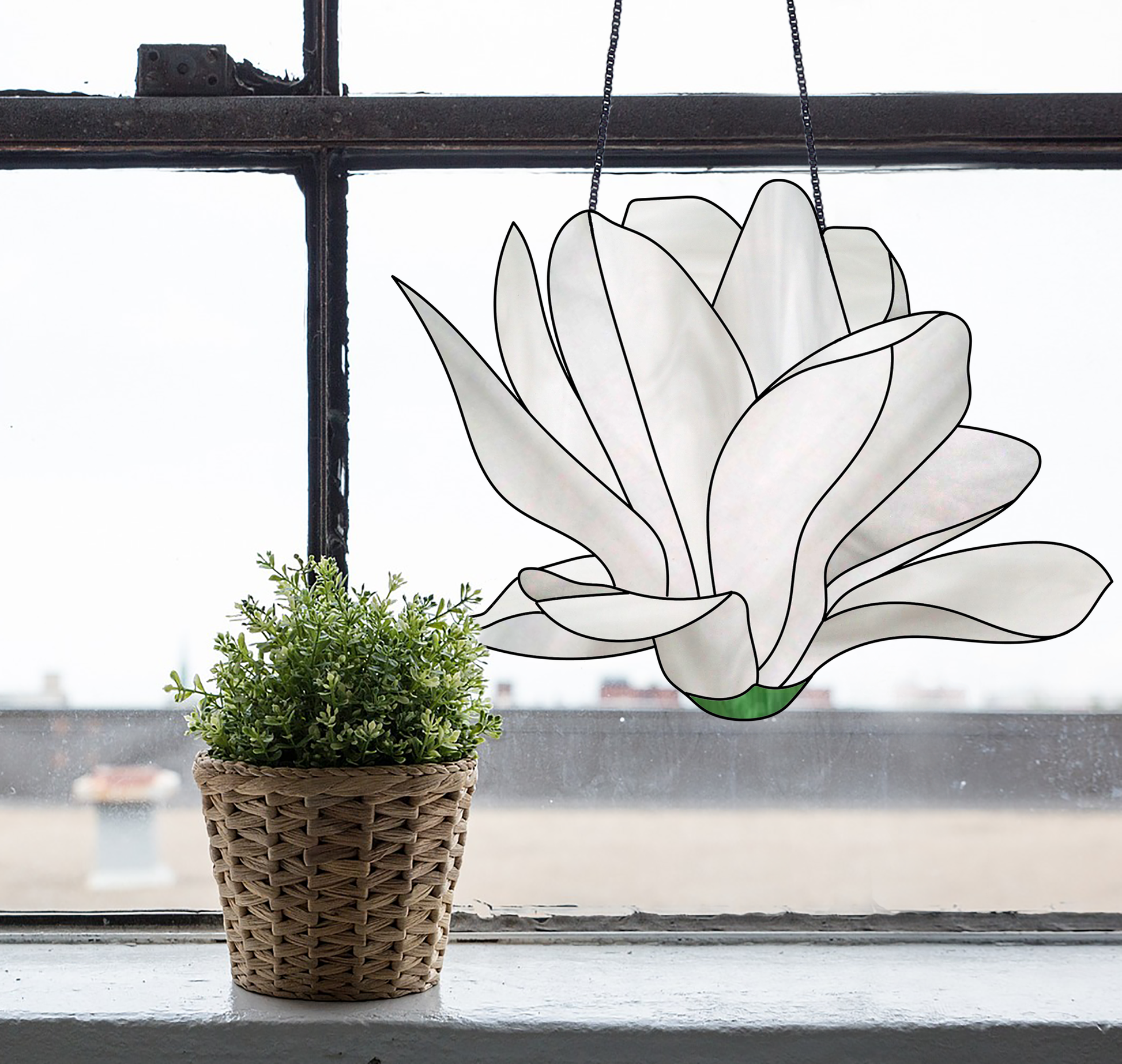 Stained glass pattern for a giant white snowdrop flower, instant PDF download, shown hanging in a window with a plant
