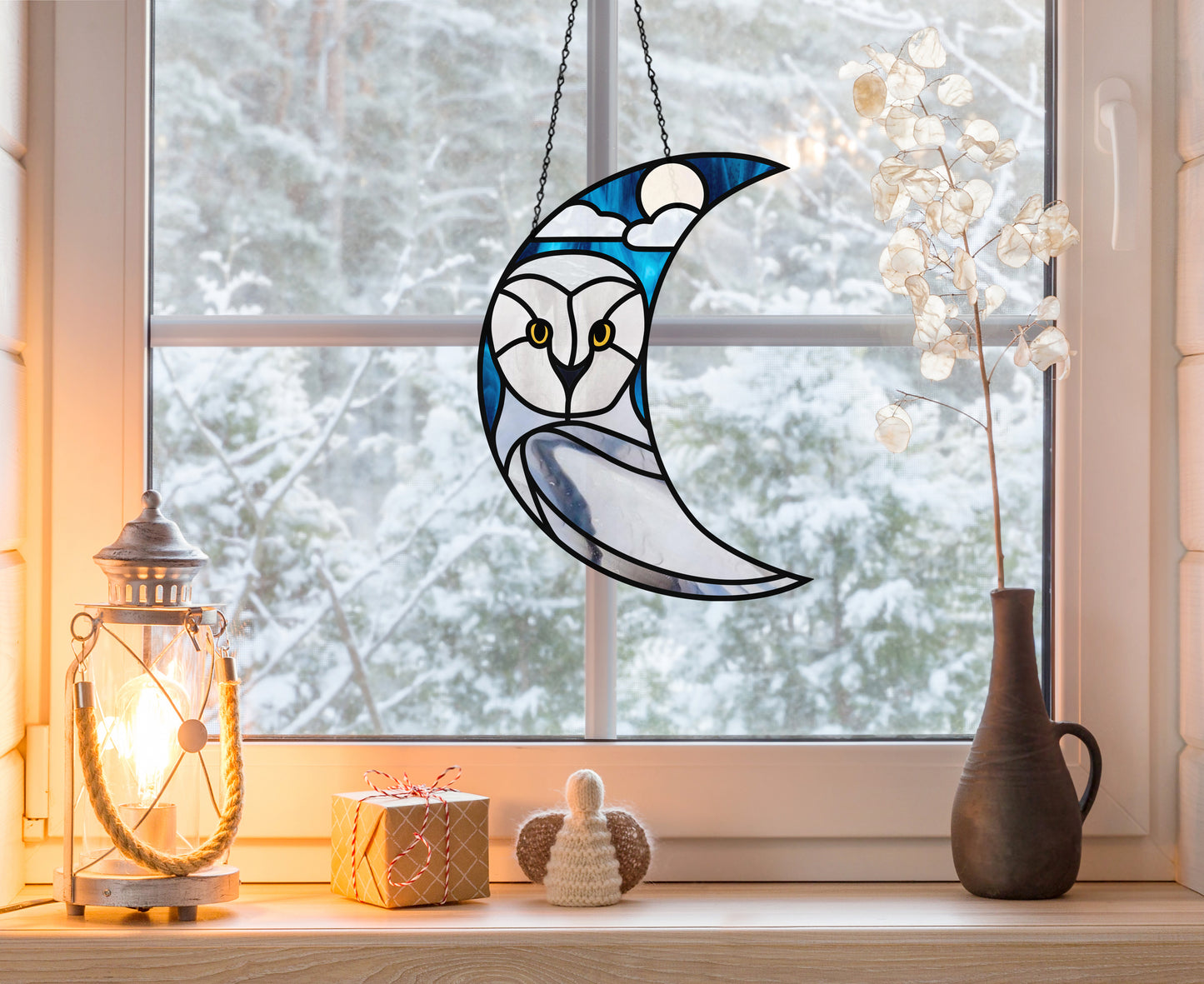 Crescent Moon Snowy Owl Stained Glass Pattern