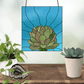 Unique stained glass pattern for an echeveria succulent panel, instant PDF download, shown in a window with plants