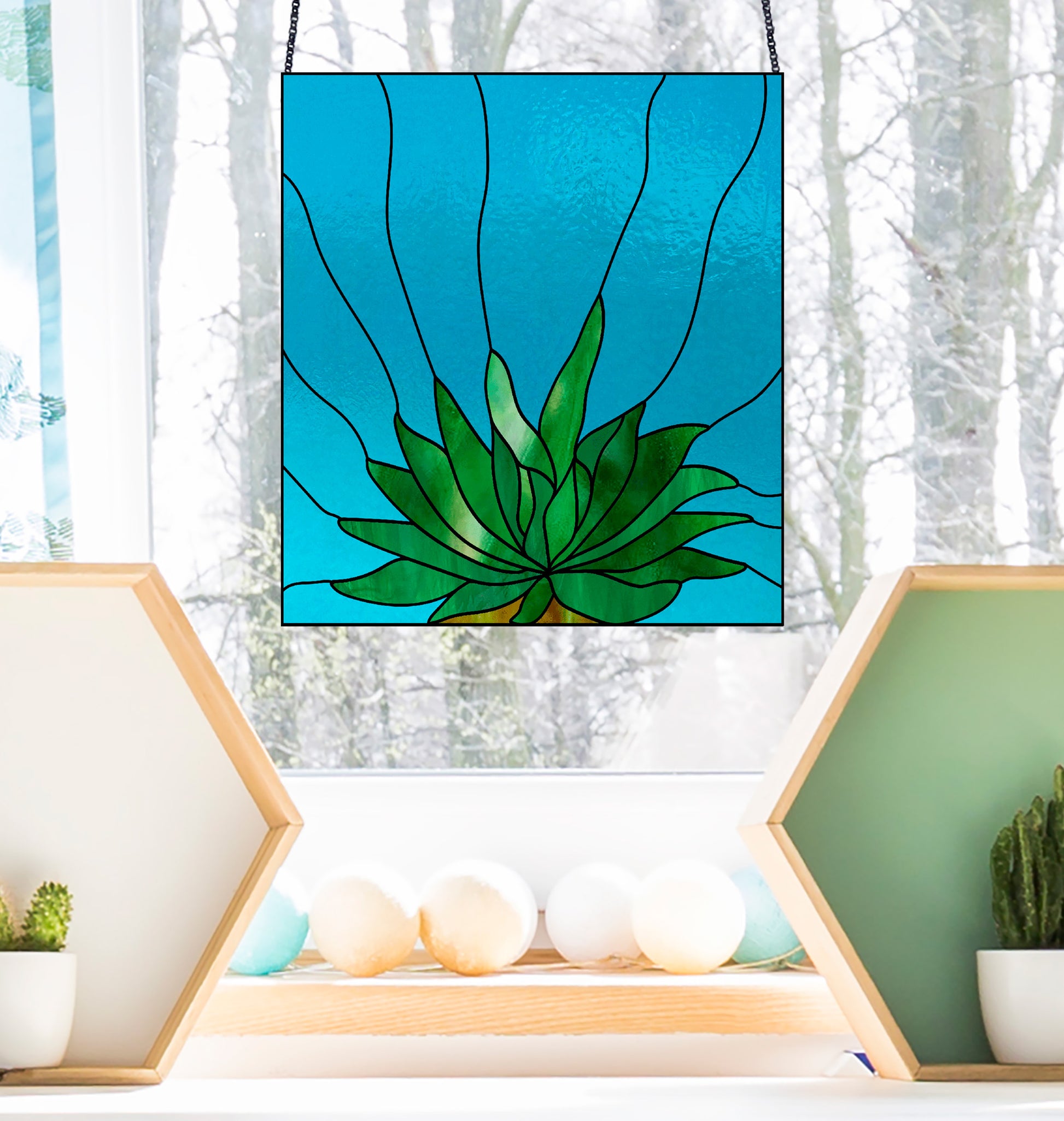 gasteria succulent panel stained glass pattern, instant pdf, shown in window with winter background