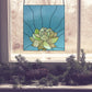 Unique stained glass pattern for an echeveria succulent panel, instant PDF download, shown in a window with pine cones