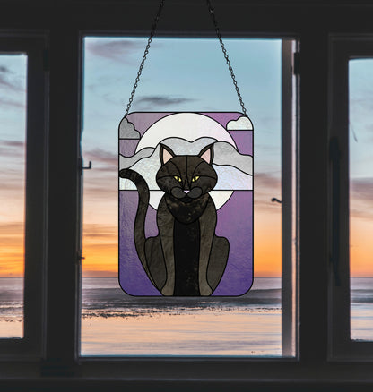 A picture of the Full Moon Halloween Black Cat Stained Glass Panel Pattern from GlassyRock Arts. 