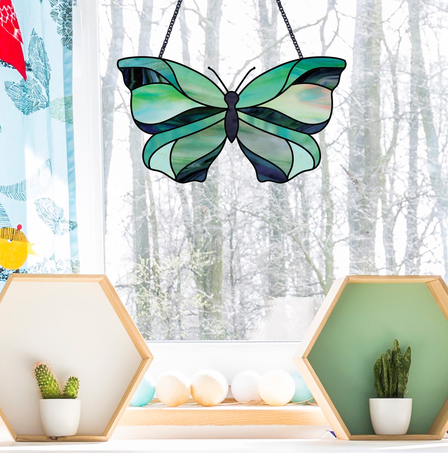 Butterfly stained glass pattern, instant PDF download, shown in winter window