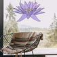 Stained glass pattern for a giant purple water lily flower, instant PDF download, shown hanging in a window with a chair