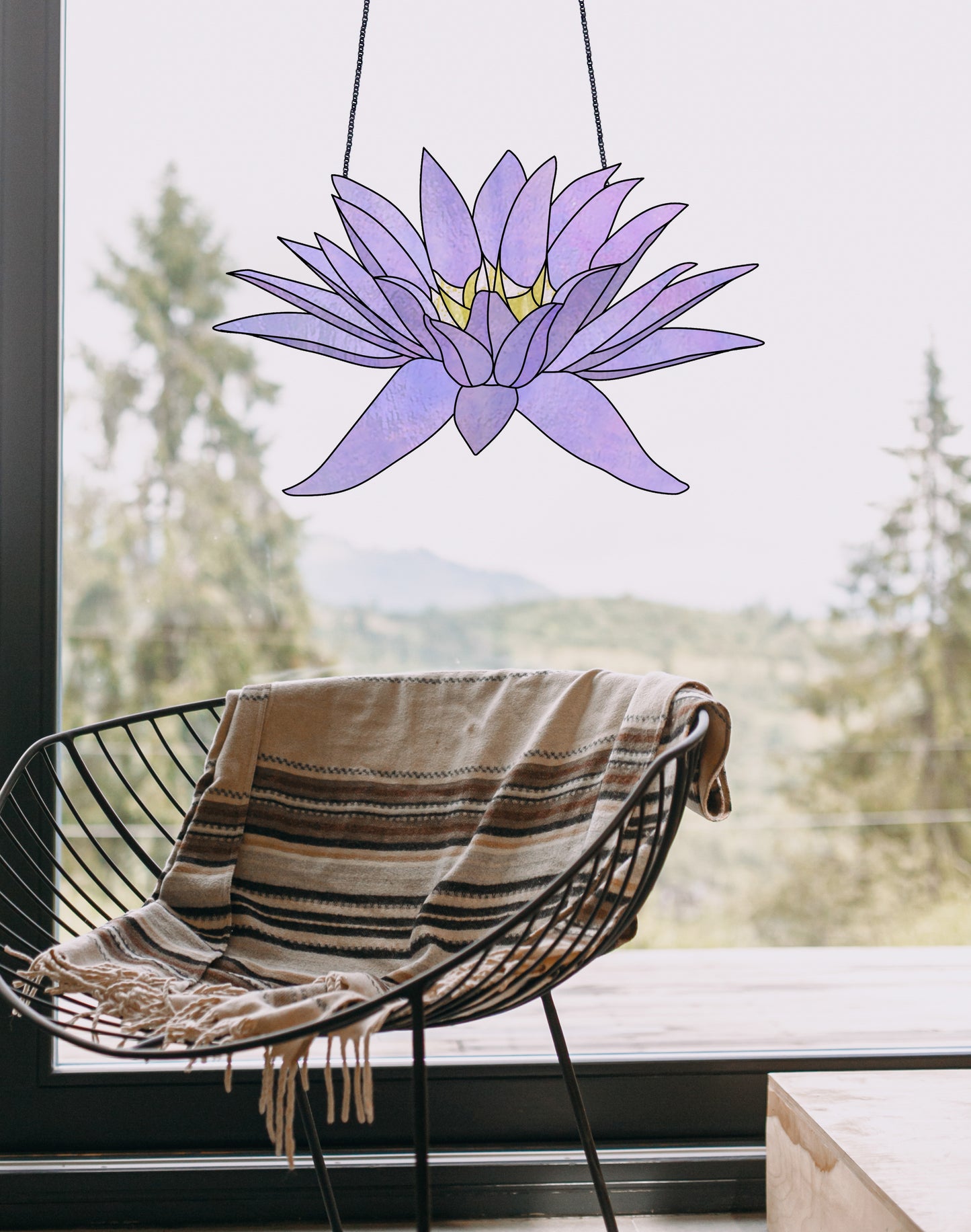 Stained glass pattern for a giant purple water lily flower, instant PDF download, shown hanging in a window with a chair