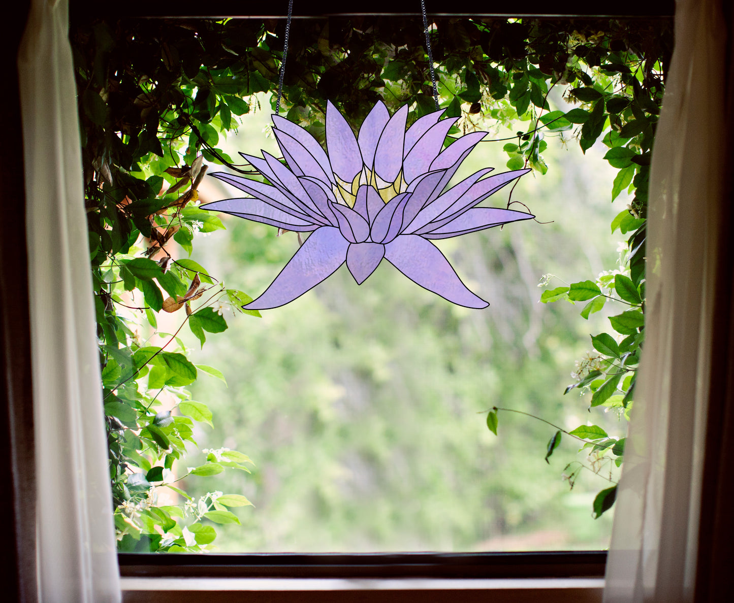 Stained glass pattern for a giant purple water lily flower, instant PDF download, shown hanging in a window with ivy