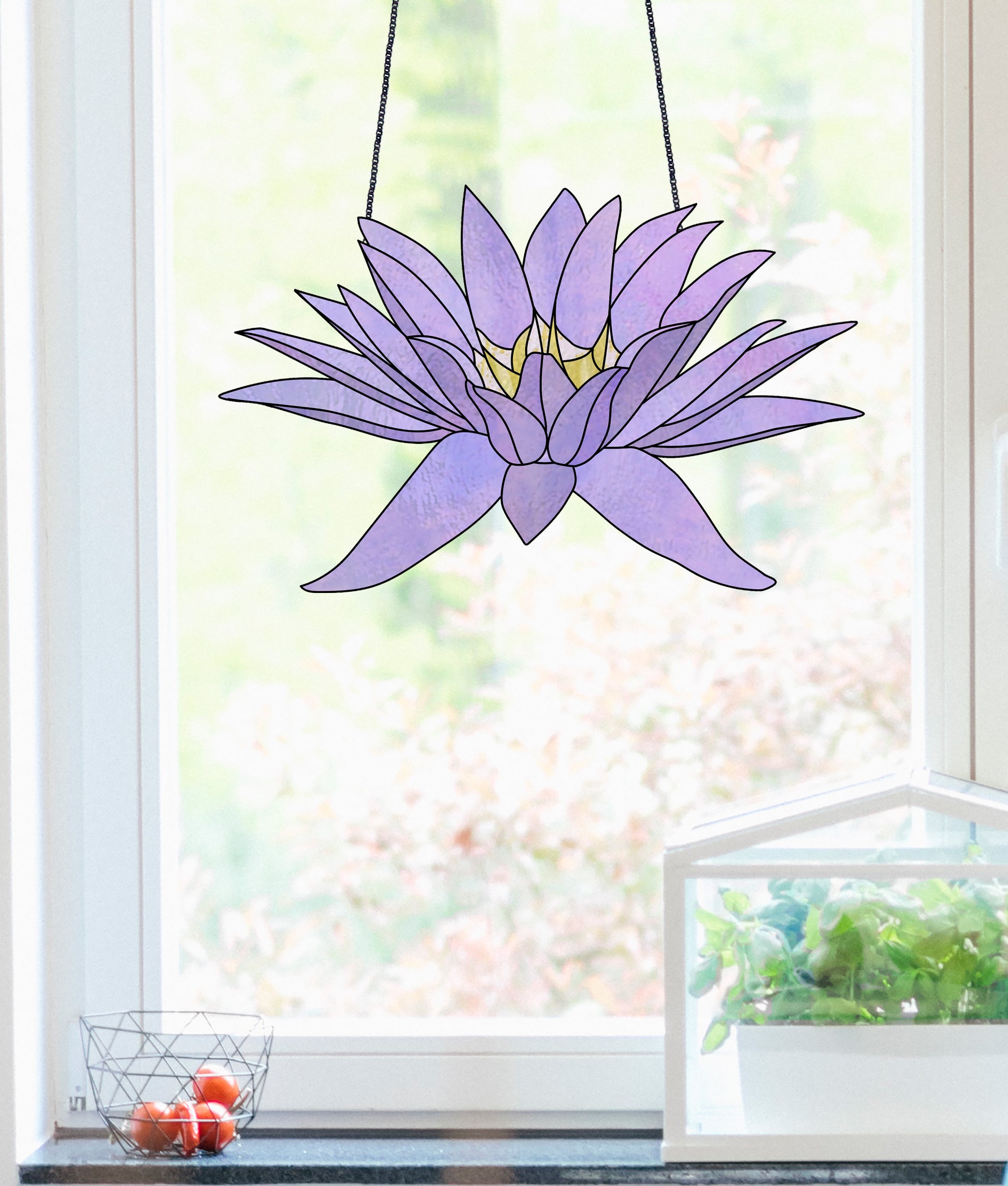 Stained glass pattern for a giant purple water lily flower, instant PDF download, shown hanging in a kitchen window